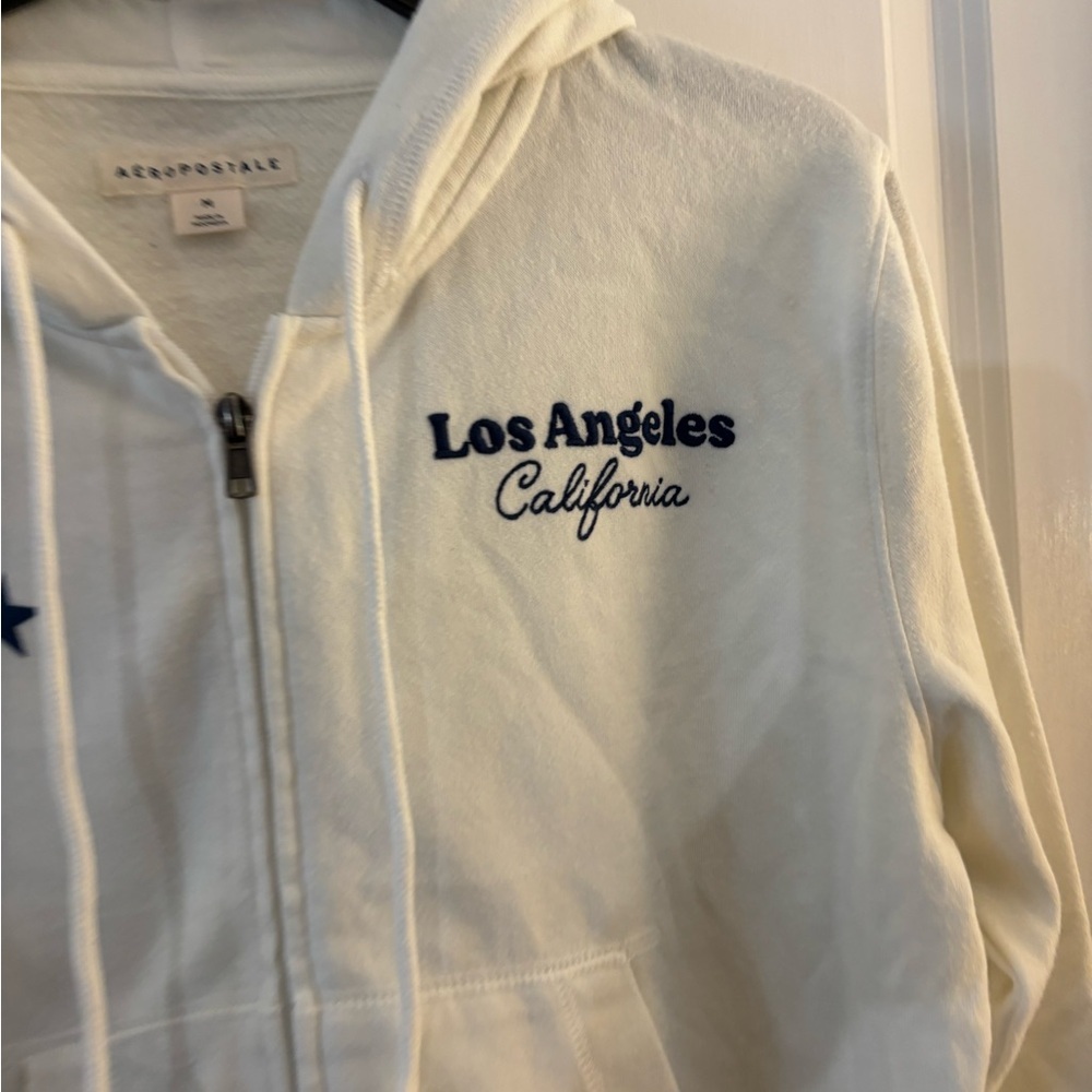 Aeropostale Los Angeles California Cream Zip Hoodie with Navy Star Accents Sz  M - Picture 2 of 6